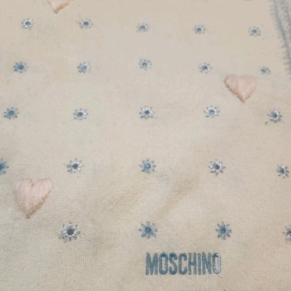 Moschino Cream with Blue and Pink Accents. Wool Scarf MOSCHINO. MADE IN ITALY. A